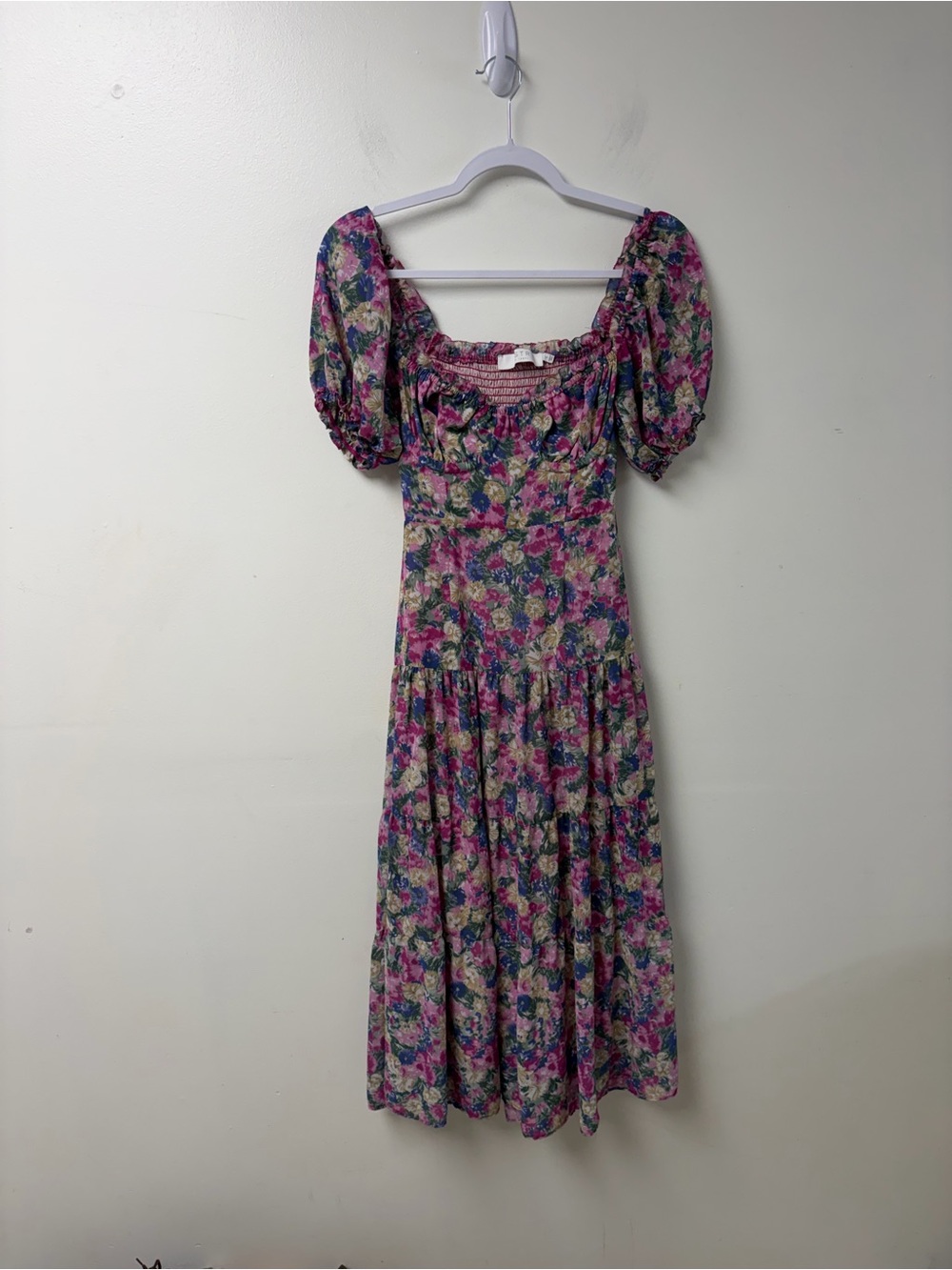 Astr The Label Pink Floral Puff Sleeve Midi Dress Size Small